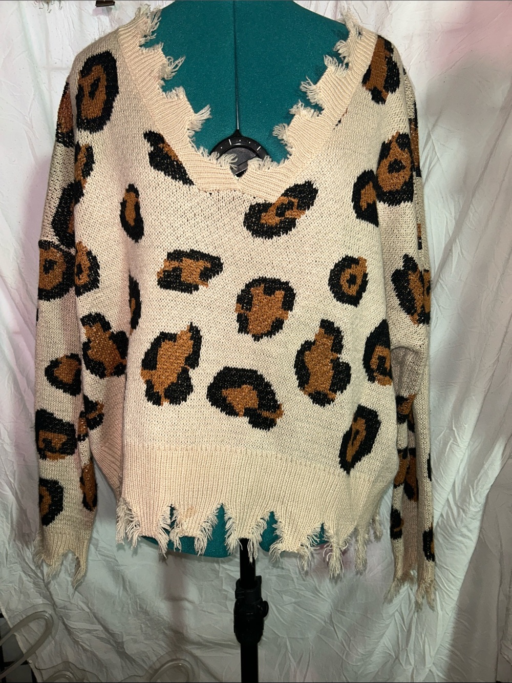 Miracle Distressed Leopard V-Neck Sweater - Cream, Brown & Black size m/l.